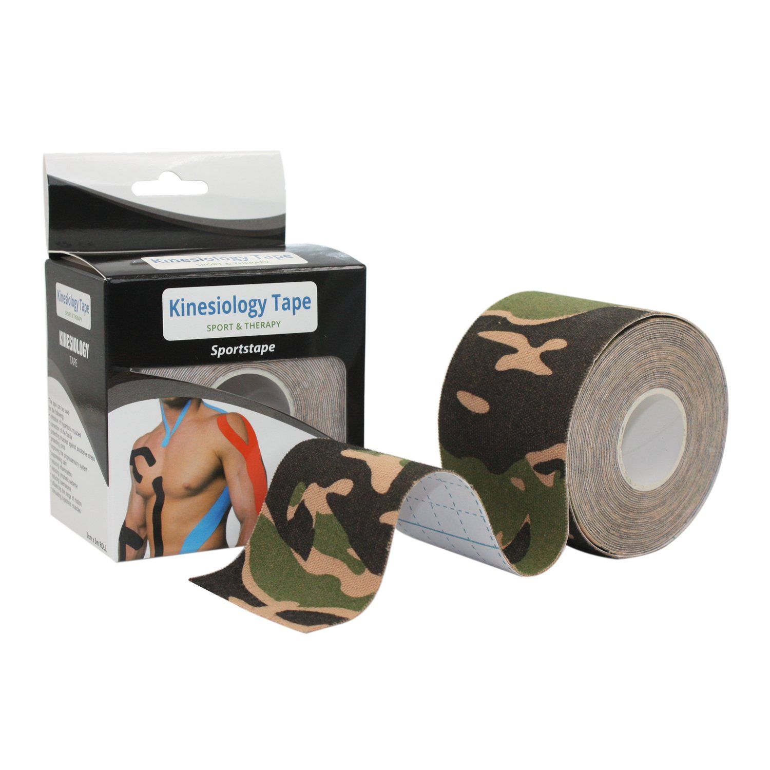 5M Long Roll Physio Kinesiology Tape - Uncut Elastic Muscle Support Tape for Sports Injuries  - Exercise, Sports & Injury Recovery, Camouflage Green