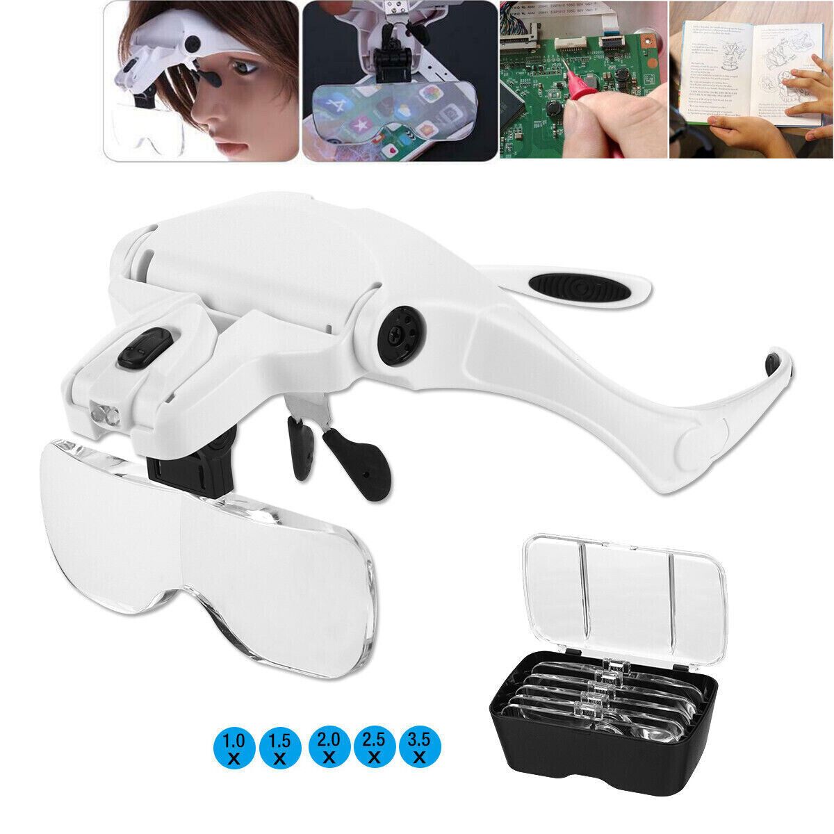 5 Lens Magnifying Glasses with LED Head Lamp Loupe Jeweler Eyeglasses Tool Optical Glass Jewelry Work Watch Mobile Phone Repair Microblading Tattoo Magnifier Headband