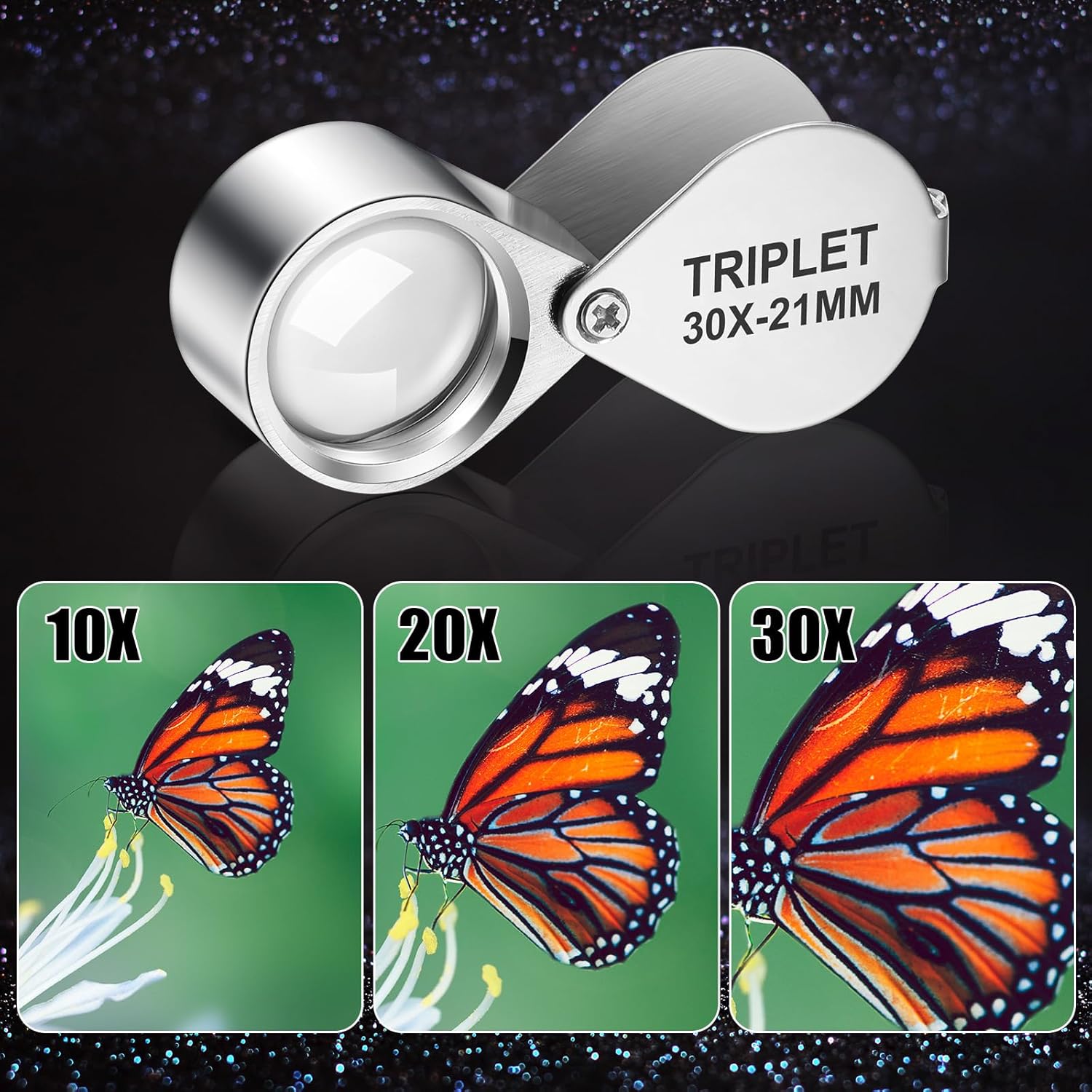 10X / 20X / 30X Jeweler Loupe Glass Diamond Checking Metal Round Body Jewelers Eye Loupe Magnifier Professional Magnifying 21mm Lens Diameter Silver Color for Jewelry Coins Gems Stamps Watches Electro