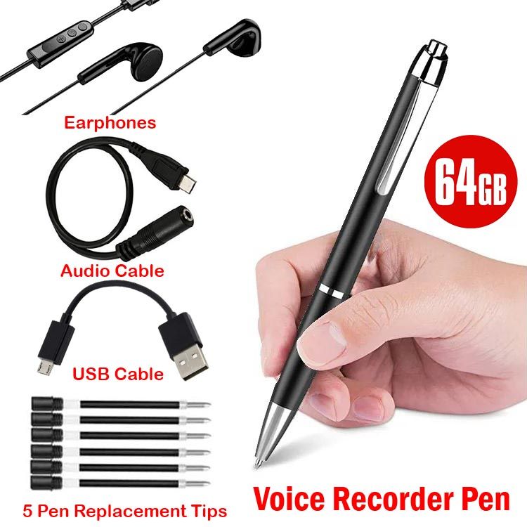 64GB Spy/Secret Voice Recorder Pen & MP3 Player Digital Noise Reduction Intelligent Power Detection V85 Sound Recording Voice Activated Writing Dictaphone USB Cable Earplug for Interview Lecture Meeti