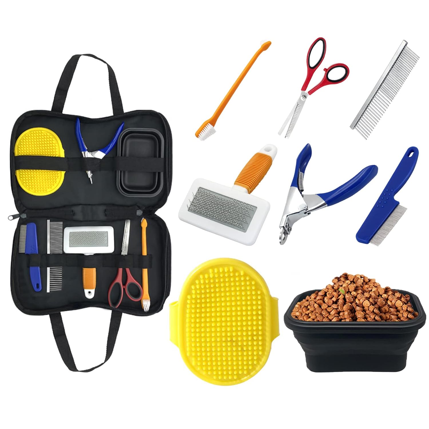 8 in 1 Portable Pet Dog Grooming Brush Set Professional Home/Veterinary Scissors Comb Long Hair Deshedding Slicker Brush Collapsible Feeding Bowl Travel Kit