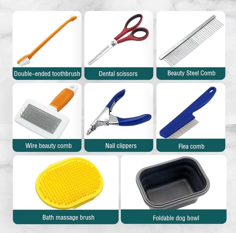 8 in 1 Portable Pet Dog Grooming Brush Set Professional Home/Veterinary Scissors Comb Long Hair Deshedding Slicker Brush Collapsible Feeding Bowl Travel Kit