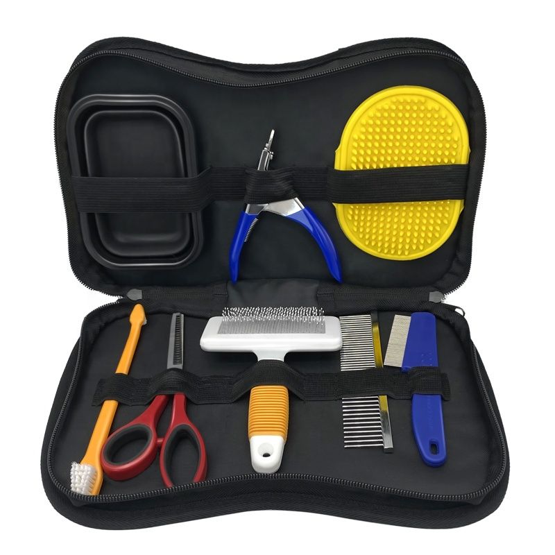 8 in 1 Portable Pet Dog Grooming Brush Set Professional Home/Veterinary Scissors Comb Long Hair Deshedding Slicker Brush Collapsible Feeding Bowl Travel Kit