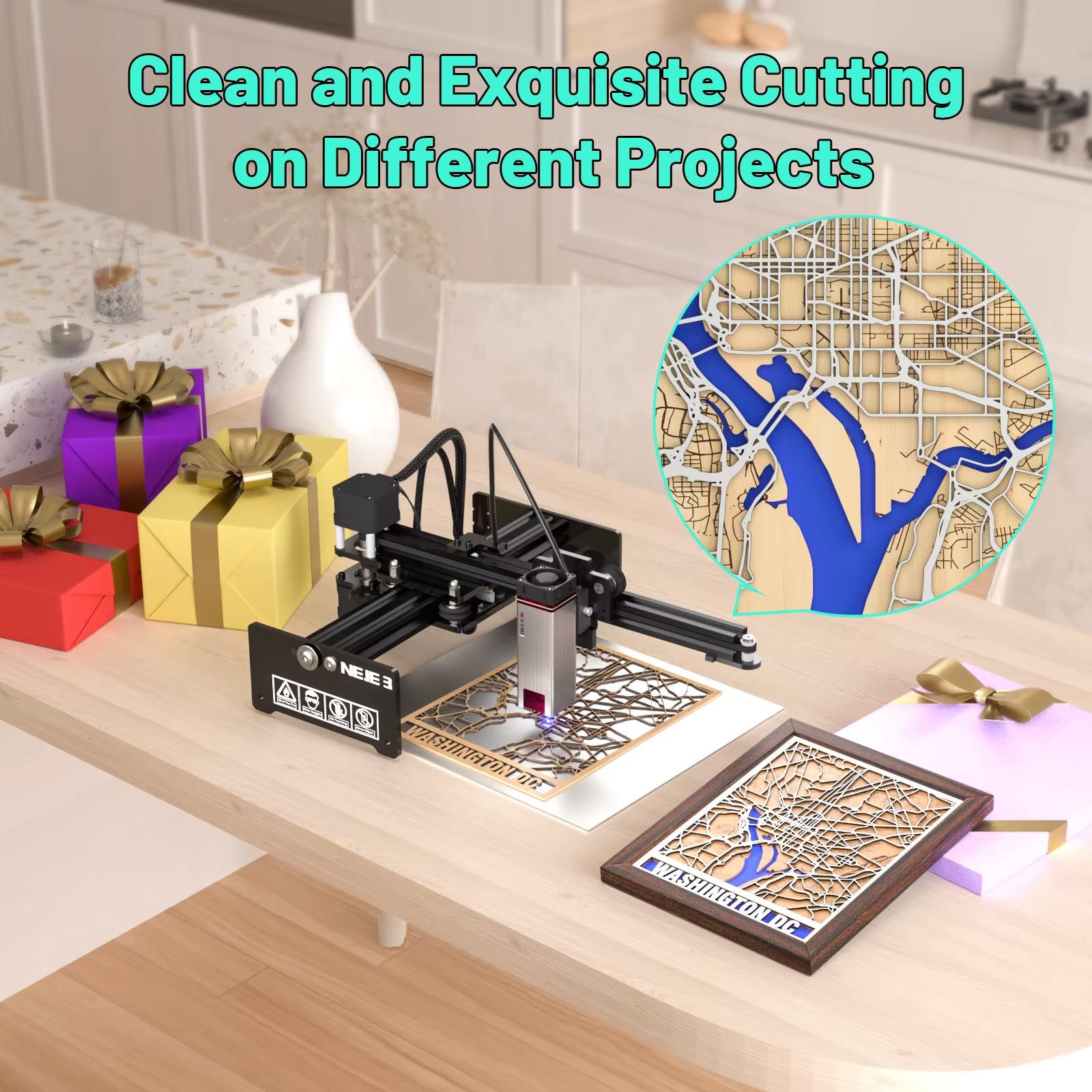 NEJE 5 E40 100W Laser Engraver for Stainless Steel Metal Stone 170*170mm Mini Wood Acrylic Cutting Machine Quick Focus Wifi Control Move Protection Android/Apple App Support CNC Engraving Jewelry DIY