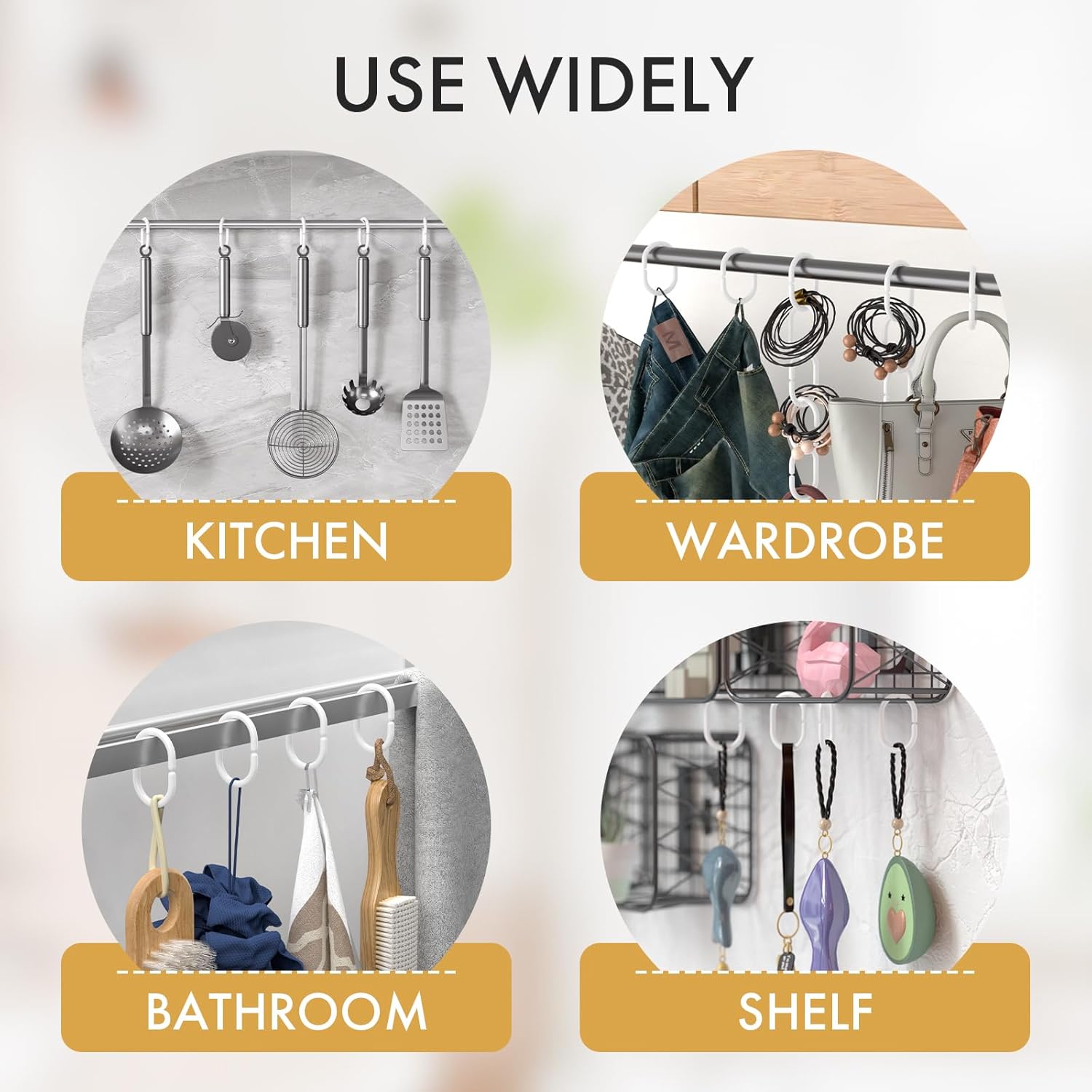 12pcs White Plastic Shower Curtain Rings, Hooks for Bathroom Shower Rod C-Shaped Hanger Window Strong Pole Rail Guide Loops