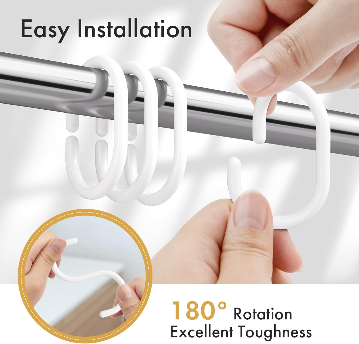 12pcs White Plastic Shower Curtain Rings, Hooks for Bathroom Shower Rod C-Shaped Hanger Window Strong Pole Rail Guide Loops