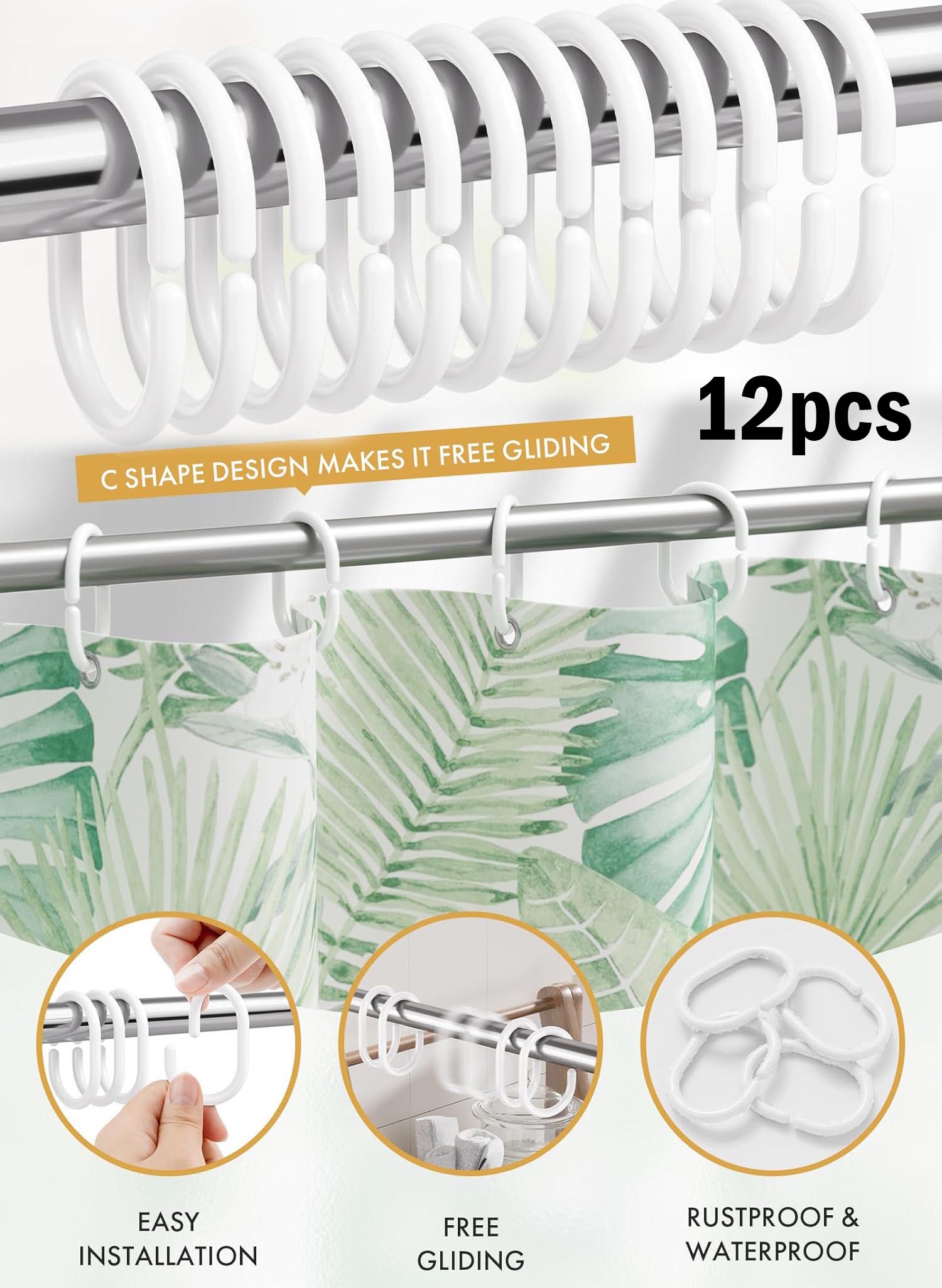 12pcs White Plastic Shower Curtain Rings, Hooks for Bathroom Shower Rod C-Shaped Hanger Window Strong Pole Rail Guide Loops