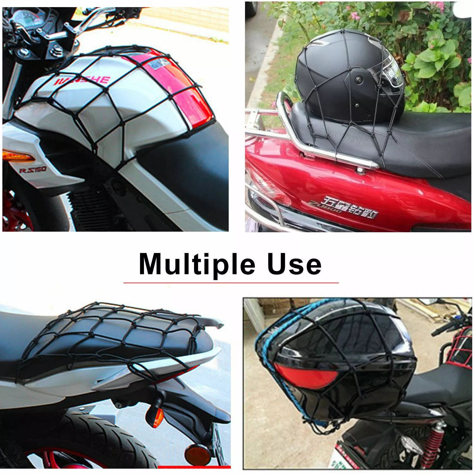 6-Hook Cargo Stretch Net Motorcycle Helmet Car Mesh Luggage Tie Down Adjustable Black Elastic Bungee Cord 40x40cm Bicycle Vehicles Bike Scooter