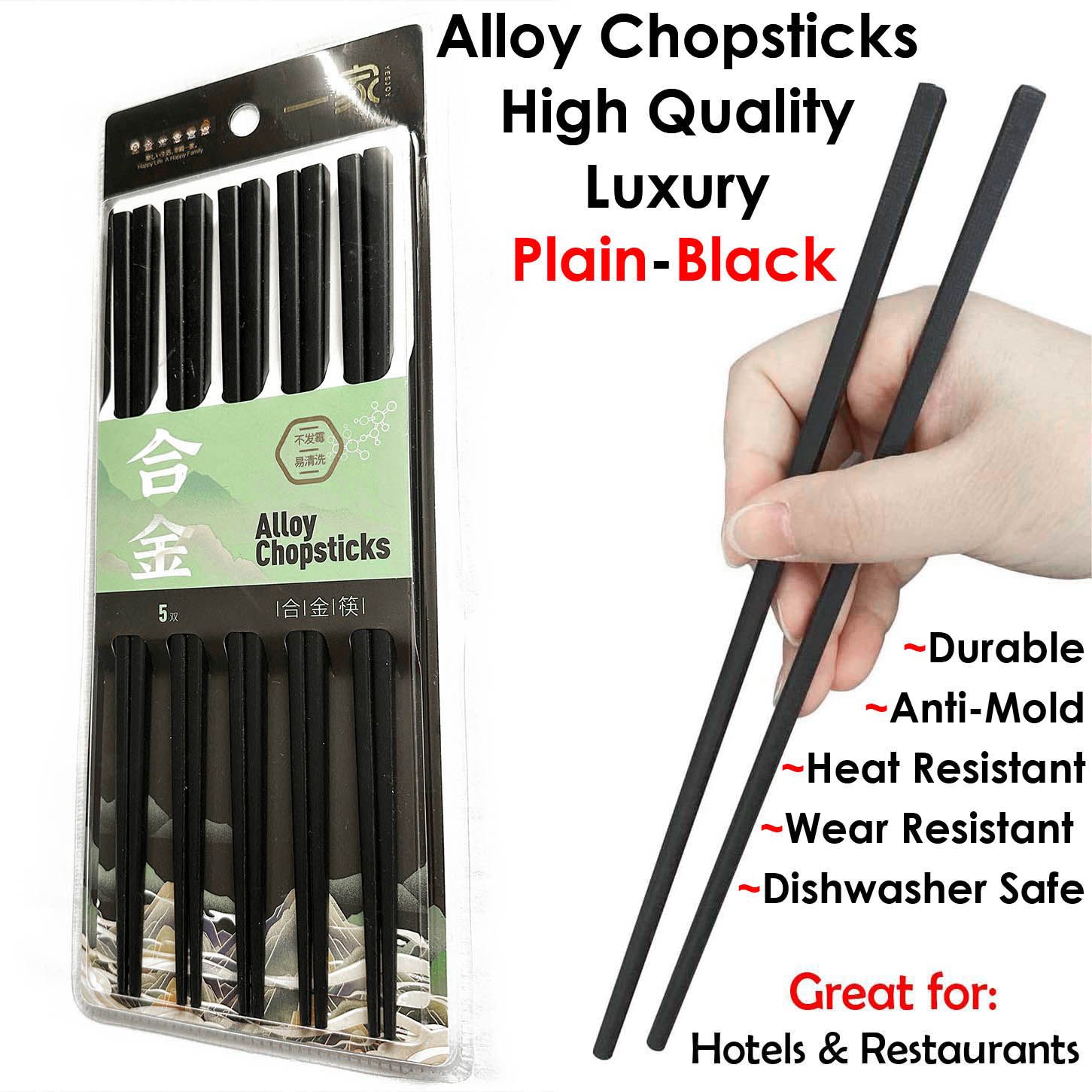 10pcs(5pairs) Alloy Lightweight Chopsticks Reusable 9.3 inches, Non-Slip, Black, Classic Luxury Fiber Glass Chop Sticks Hand Wash Hotels Restaurants