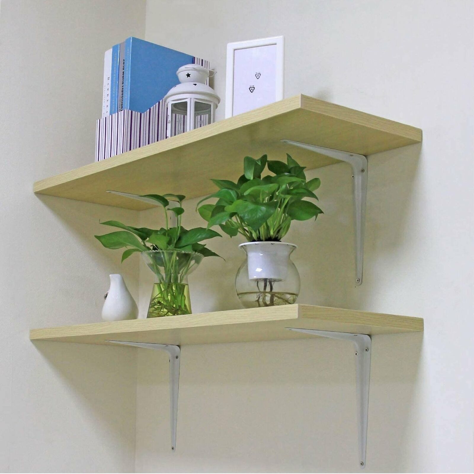 2pcs(1 Pair) Shelf Brackets White, Heavy Duty Steel Metal L Brackets for Shelves, J Wall Angle Corner Brace for Wood Board Mounting Hardware DIY Wall Mounted Shelf Support Floating Book Ledge