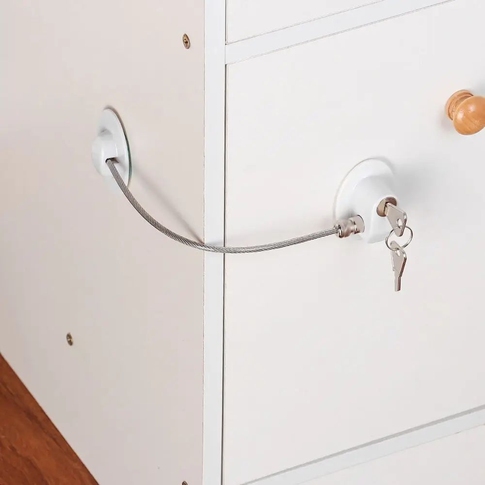 1Pc Child Safety Lock for Cabinet Fridge Door with Key Stainless Steel Cable Protection Kids Baby Home Window Locking Strong Fix Toddler Prevent Children Falling Protector Cupboard Refrigerator Home S