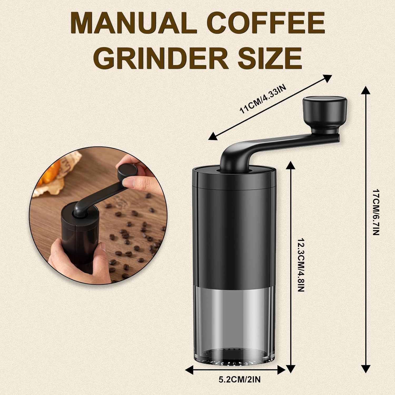 Manual Coffee Bean Grinder, Black Hand with Cleaning Brush, Portable Ceramic Detachable Espresso Grinding for Travel Home Office