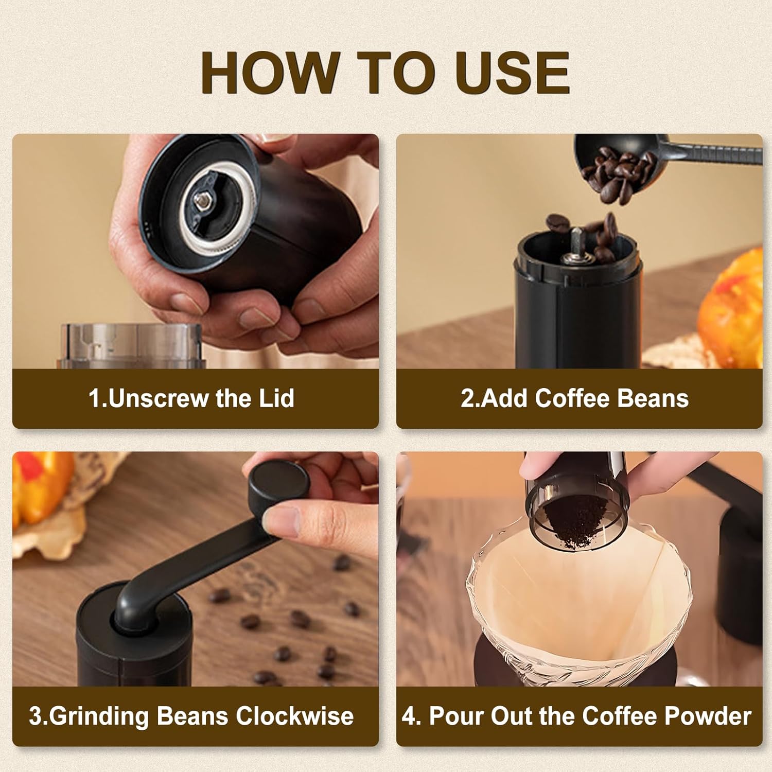 Manual Coffee Bean Grinder, Black Hand with Cleaning Brush, Portable Ceramic Detachable Espresso Grinding for Travel Home Office