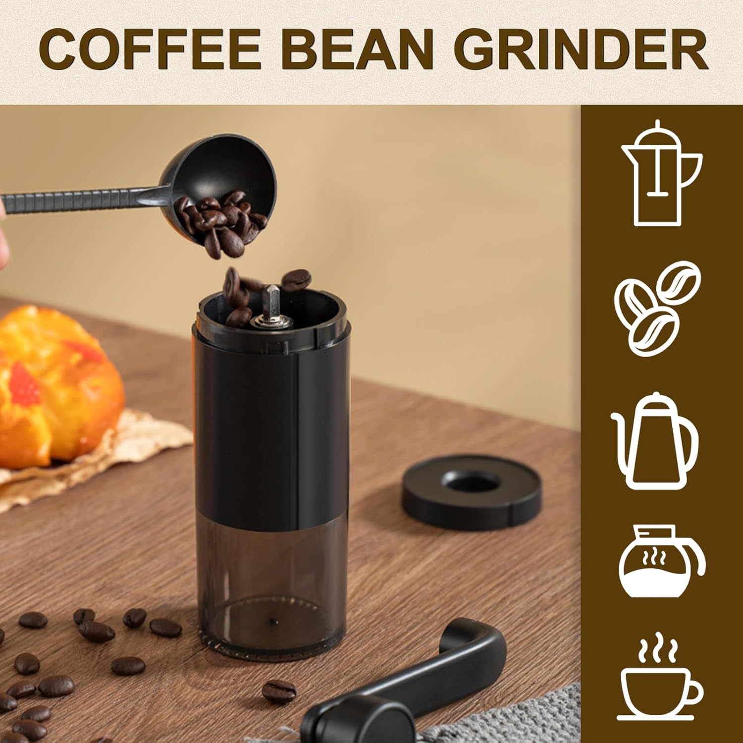 Manual Coffee Bean Grinder, Black Hand with Cleaning Brush, Portable Ceramic Detachable Espresso Grinding for Travel Home Office