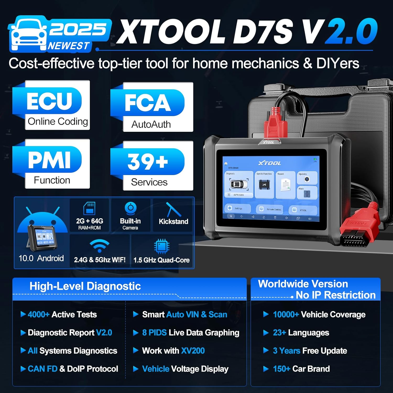 XTOOL D7S Bidirectional Scan Tool, 2025 OBD2 Scanner Diagnostic with FCA AutoAuth, All System Car Scanner, 39+ Resets, ECU Coding, PMI, Upgrade of D7, Crankshaft Relearn, CAN FD/DoIP, 3-Yr Update