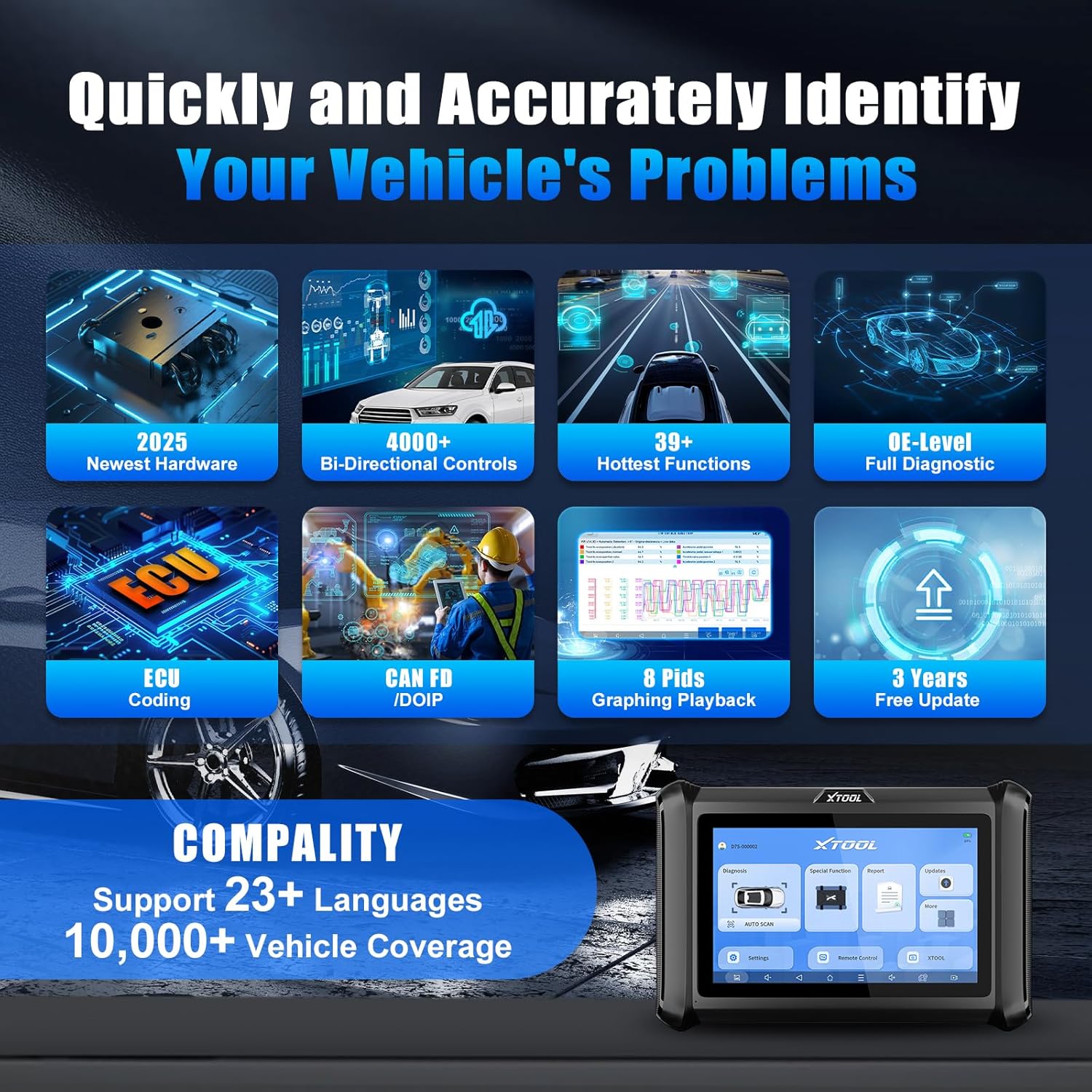 XTOOL D7S Bidirectional Scan Tool, 2025 OBD2 Scanner Diagnostic with FCA AutoAuth, All System Car Scanner, 39+ Resets, ECU Coding, PMI, Upgrade of D7, Crankshaft Relearn, CAN FD/DoIP, 3-Yr Update