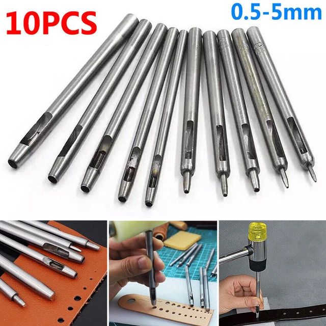 10Pcs Leather Hole Puncher High Carbon Steel Cutter 0.5mm-5mm Round Hollow Set, Leather Working Chisel Tools Craft Punch Belt, Watchband, Paper, Handicraft