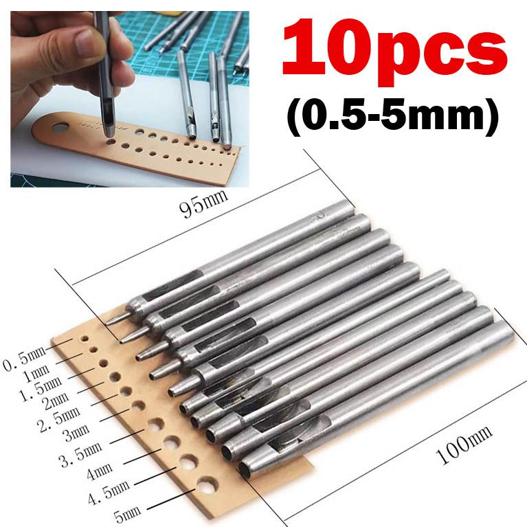 10Pcs Leather Hole Puncher High Carbon Steel Cutter 0.5mm-5mm Round Hollow Set, Leather Working Chisel Tools Craft Punch Belt, Watchband, Paper, Handicraft