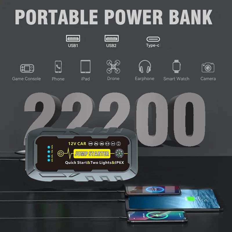 Jumpstarter Powerful Car Jump Starter 12 Volt Battery Booster 2000A Power Bank Auto Cables Emergency Tool Battery Jumper Pack Compass