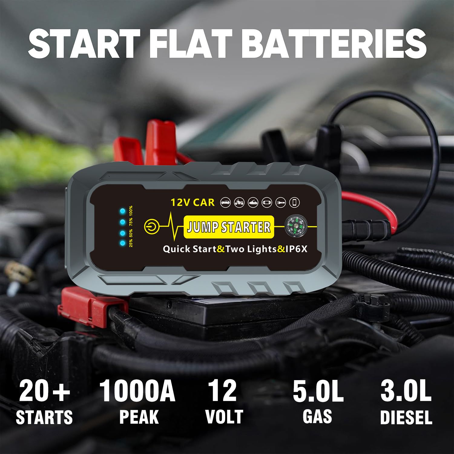 Jumpstarter Powerful Car Jump Starter 12 Volt Battery Booster 2000A Power Bank Auto Cables Emergency Tool Battery Jumper Pack Compass
