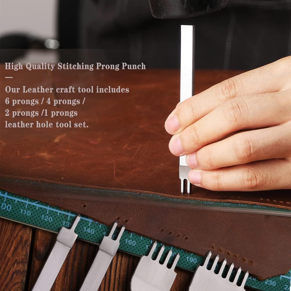 50 Pieces Leather Working Tools & Supplies + Tool Box Prong Punch Edge Beveler Wax Ropes Needles Perfect for Stitching Punching Cutting Sewing Leathercraft Making Stamping Carving Decorating