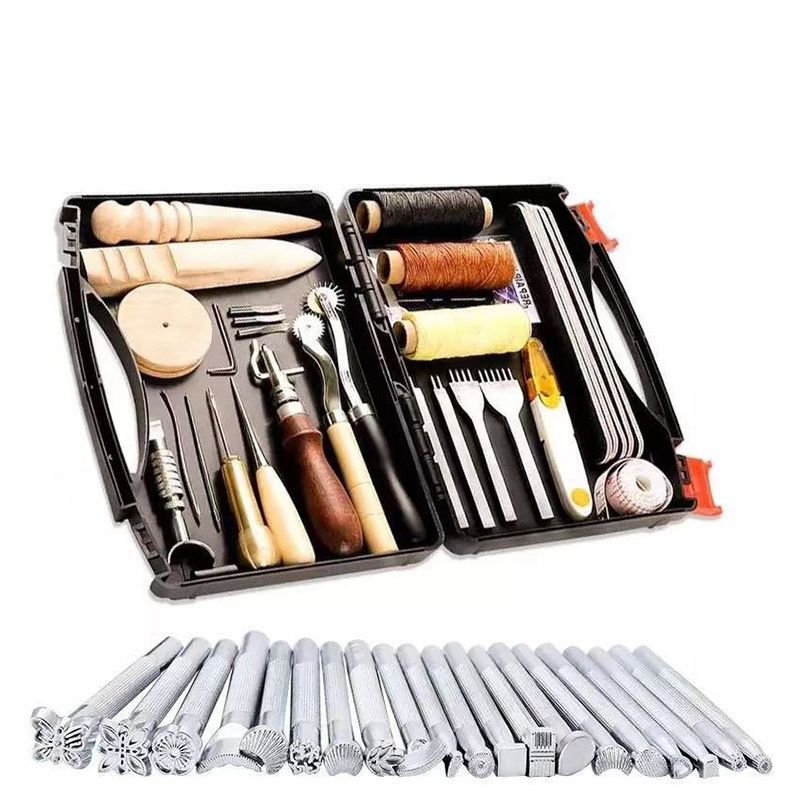 50 Pieces Leather Working Tools & Supplies + Tool Box Prong Punch Edge Beveler Wax Ropes Needles Perfect for Stitching Punching Cutting Sewing Leathercraft Making Stamping Carving Decorating