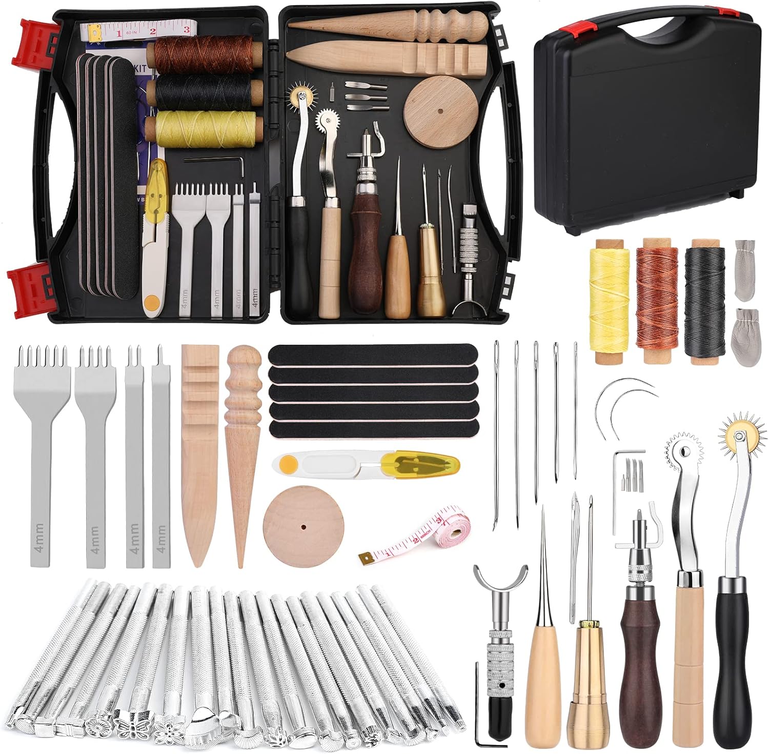 50 Pieces Leather Working Tools & Supplies + Tool Box Prong Punch Edge Beveler Wax Ropes Needles Perfect for Stitching Punching Cutting Sewing Leathercraft Making Stamping Carving Decorating