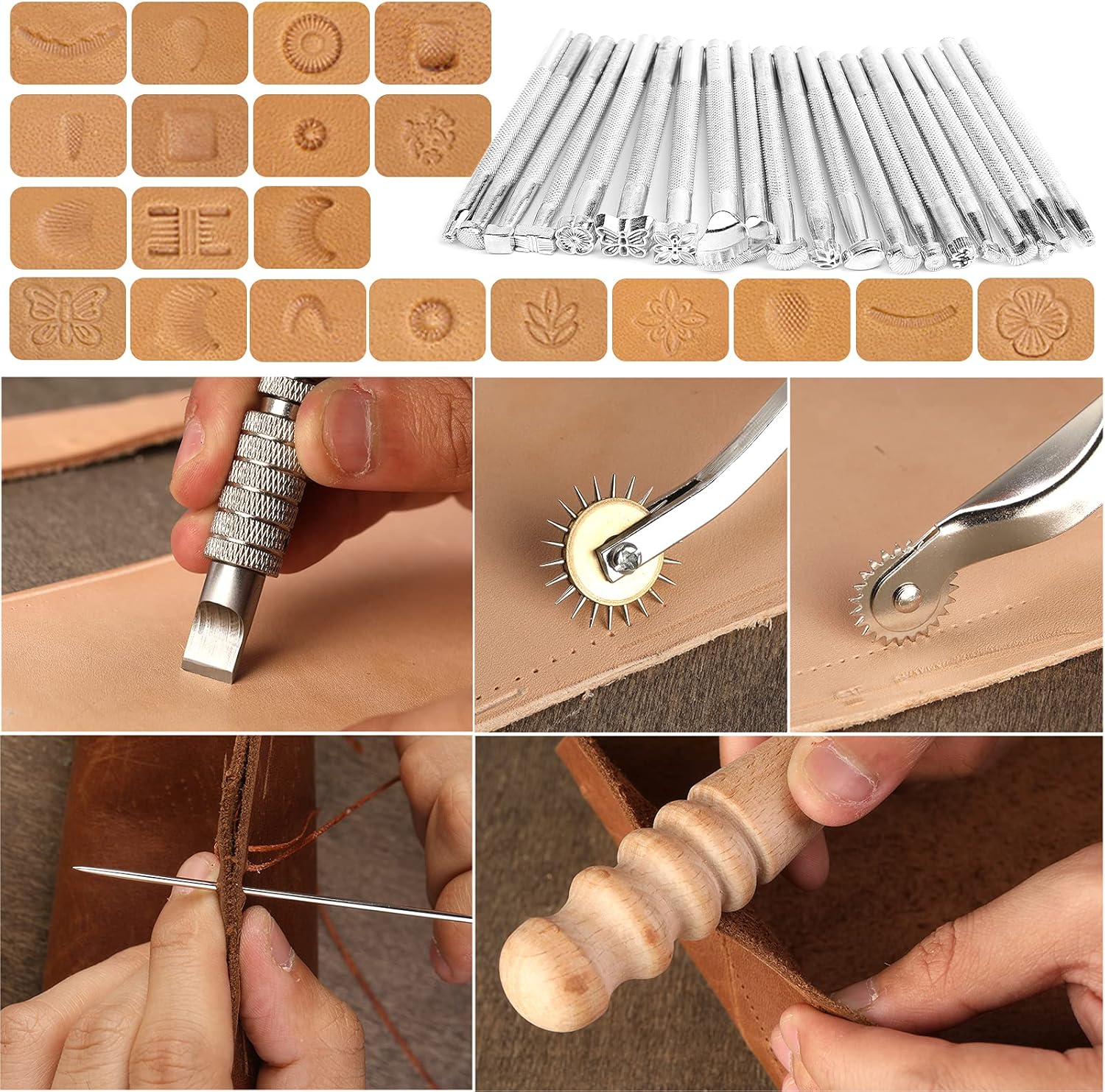 50 Pieces Leather Working Tools & Supplies + Tool Box Prong Punch Edge Beveler Wax Ropes Needles Perfect for Stitching Punching Cutting Sewing Leathercraft Making Stamping Carving Decorating