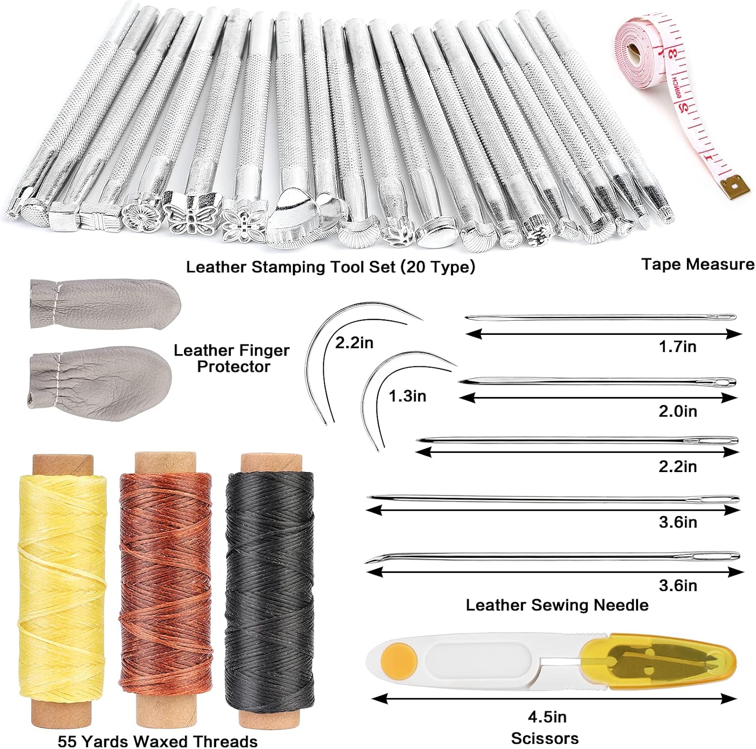 50 Pieces Leather Working Tools & Supplies + Tool Box Prong Punch Edge Beveler Wax Ropes Needles Perfect for Stitching Punching Cutting Sewing Leathercraft Making Stamping Carving Decorating