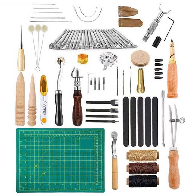 61 Pieces Leather Tools Kit with Instructions, Matting Cut, Stitching Groover, Prong Punch, Leather Working Saddle Stamps Tools for DIY Leathercraft Carving Craft Sewing  Handmade Alloy Steel