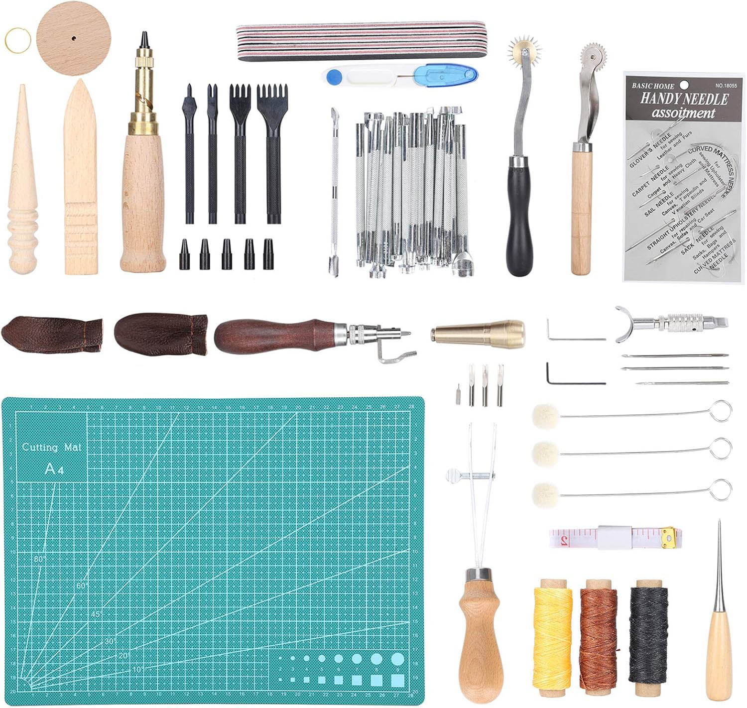 61 Pieces Leather Tools Kit with Instructions, Matting Cut, Stitching Groover, Prong Punch, Leather Working Saddle Stamps Tools for DIY Leathercraft Carving Craft Sewing  Handmade Alloy Steel