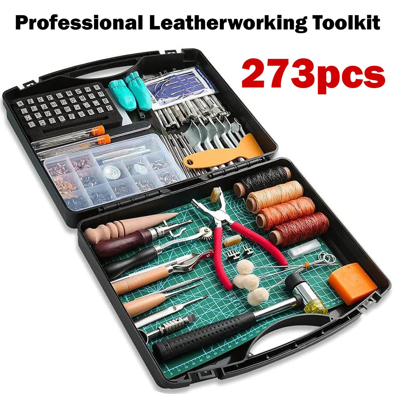 273 Pieces Ultimate Leather Working Tools and Supplies with Tool Box Cutting Mat Hammer Stamping Needles Snaps Rivets Kit Perfect for Stitching Punching Sewing Professional DIY Handmade Craft Making