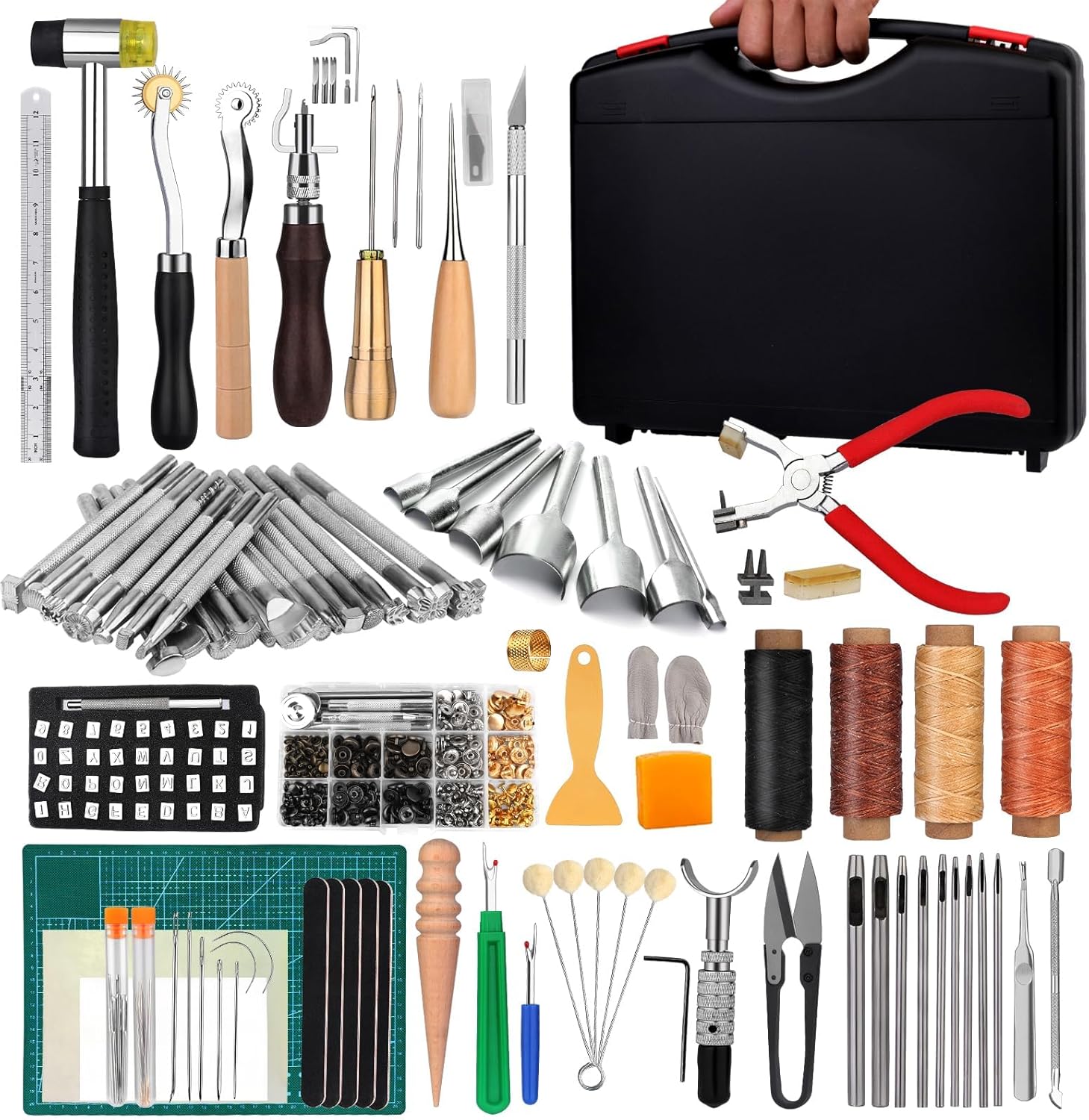 273 Pieces Ultimate Leather Working Tools and Supplies with Tool Box Cutting Mat Hammer Stamping Needles Snaps Rivets Kit Perfect for Stitching Punching Sewing Professional DIY Handmade Craft Making