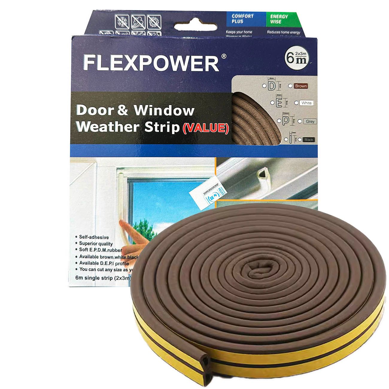 Flexpower 6 Metres Brown EPDM Door Seal D-Type Strip Weather Stripping Self Adhesive Foam for Doors and Windows, Soundproofing Weatherstrip Gap Collision Avoidance Noise & Bug Isolation