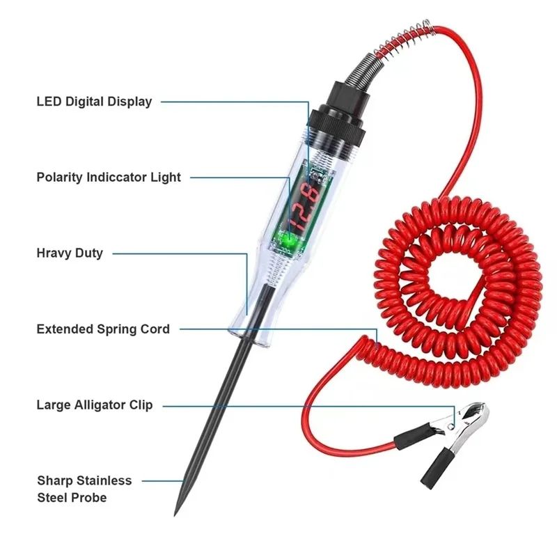 Heavy Duty DC 5-90V Upgraded Automotive Circuit Tester with Digital LED Test Light Voltmeter, Voltage Tester Electric Long Probe with Extended Spring Wire for Sedan, SUV, RV, Truck, Lawn Mower, Golf C