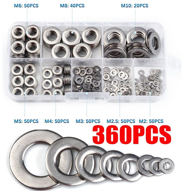 360pcs Flat Washers Stainless Steel Sealing Solid Gasket Washer Kit M2 M2.5 M3 M4 M5 M6 M8 M10 Sump Plug Oil For Home Workshop General Repair Seal Ring Silver Colour Set