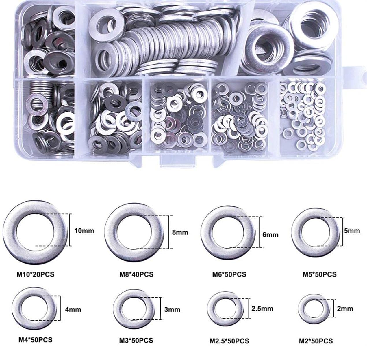 360pcs Flat Washers Stainless Steel Sealing Solid Gasket Washer Kit M2 M2.5 M3 M4 M5 M6 M8 M10 Sump Plug Oil For Home Workshop General Repair Seal Ring Silver Colour Set