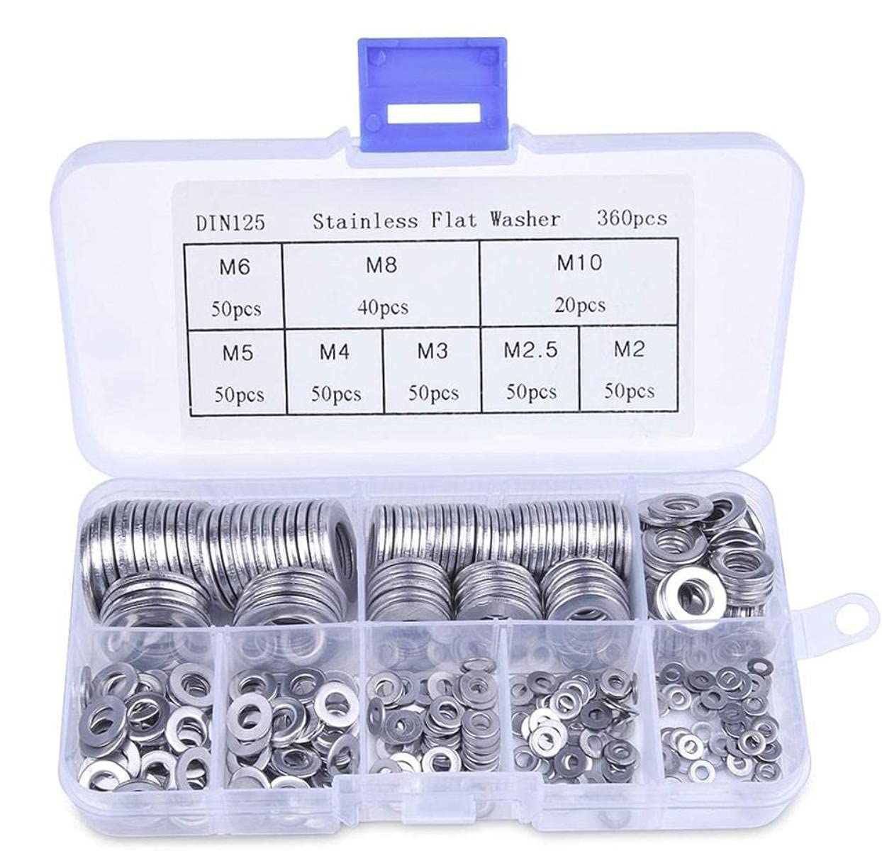 360pcs Flat Washers Stainless Steel Sealing Solid Gasket Washer Kit M2 M2.5 M3 M4 M5 M6 M8 M10 Sump Plug Oil For Home Workshop General Repair Seal Ring Silver Colour Set