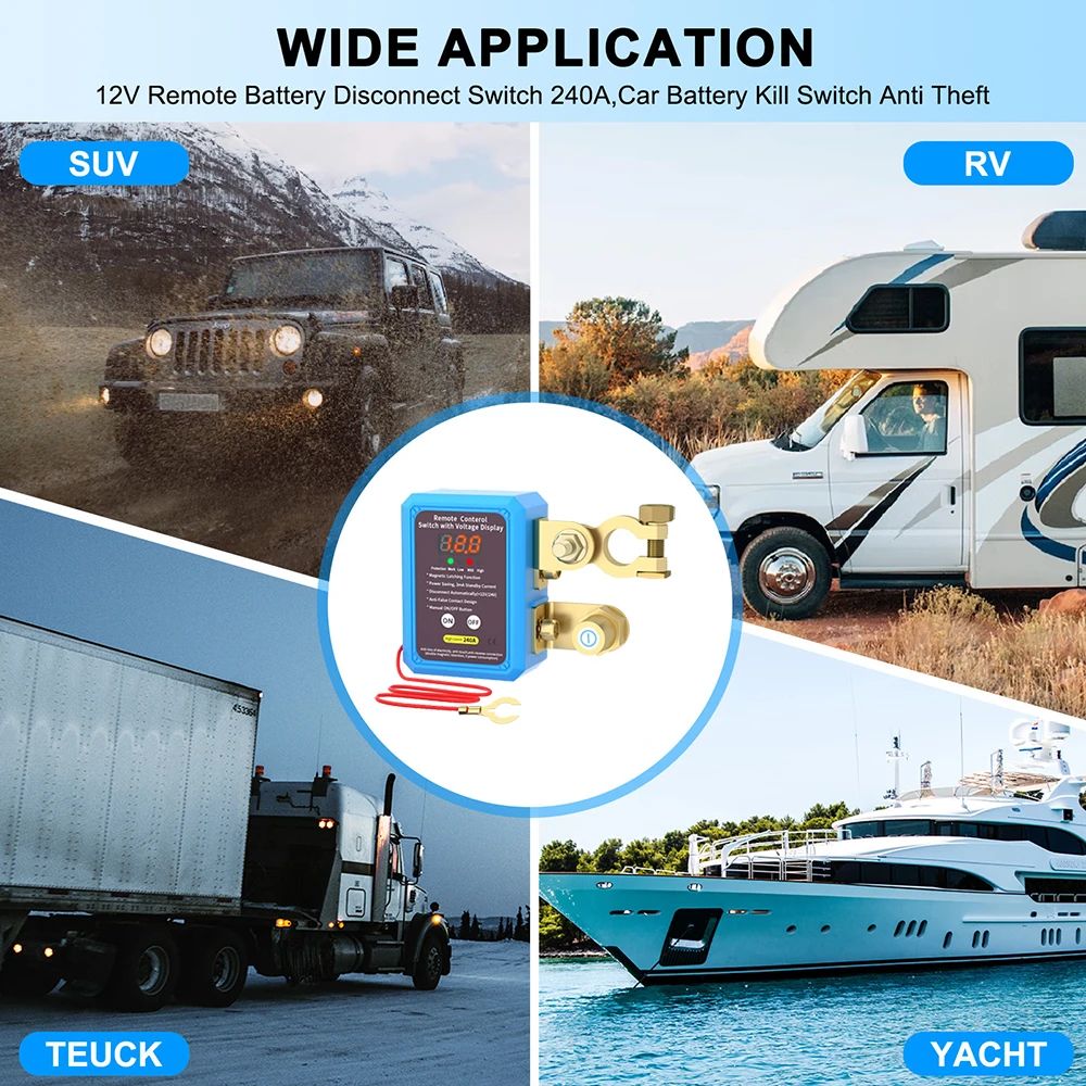 Car Remote Battery Disconnect Switch 12v, 240A, Upgrade Smart Voltage Safety Kill Switch with Led Voltage Display Automatic Power Shut Off, Anti-Theft, Prevent Battery Drain +  2 Remote Controls