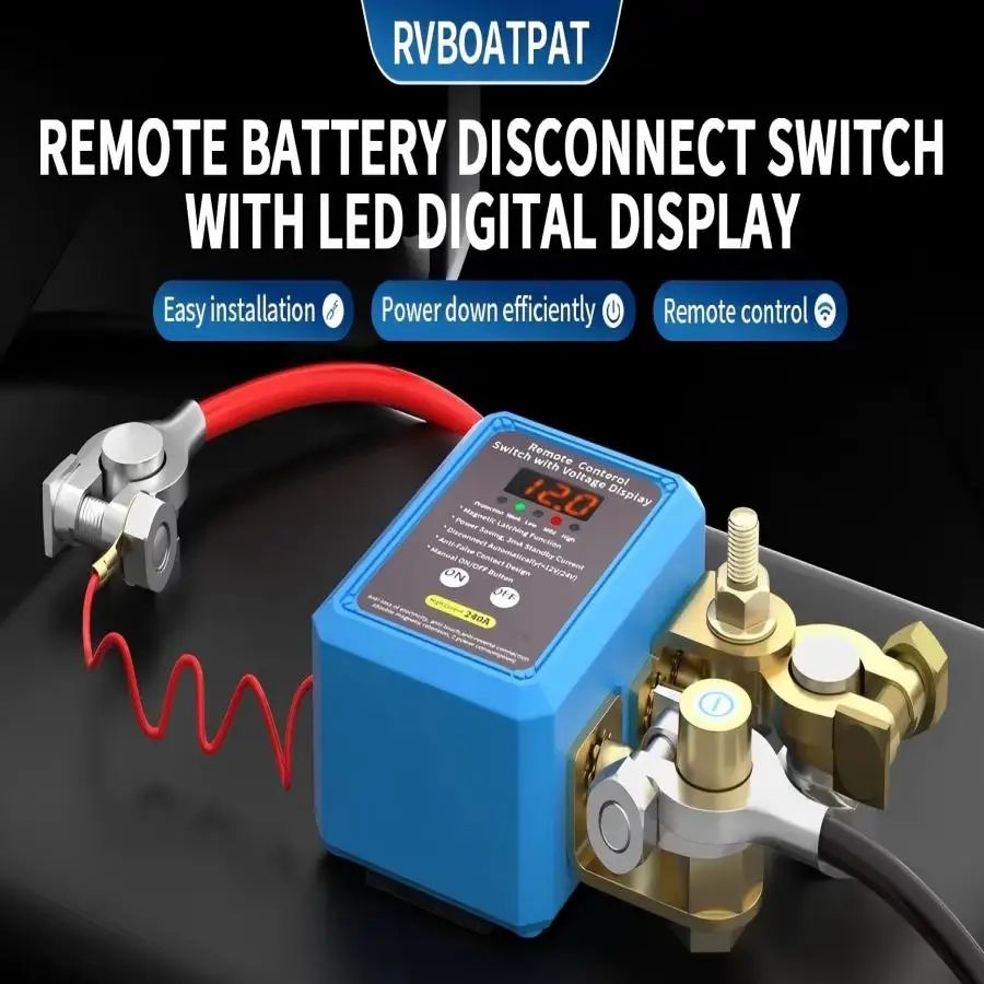 Car Remote Battery Disconnect Switch 12v, 240A, Upgrade Smart Voltage Safety Kill Switch with Led Voltage Display Automatic Power Shut Off, Anti-Theft, Prevent Battery Drain +  2 Remote Controls