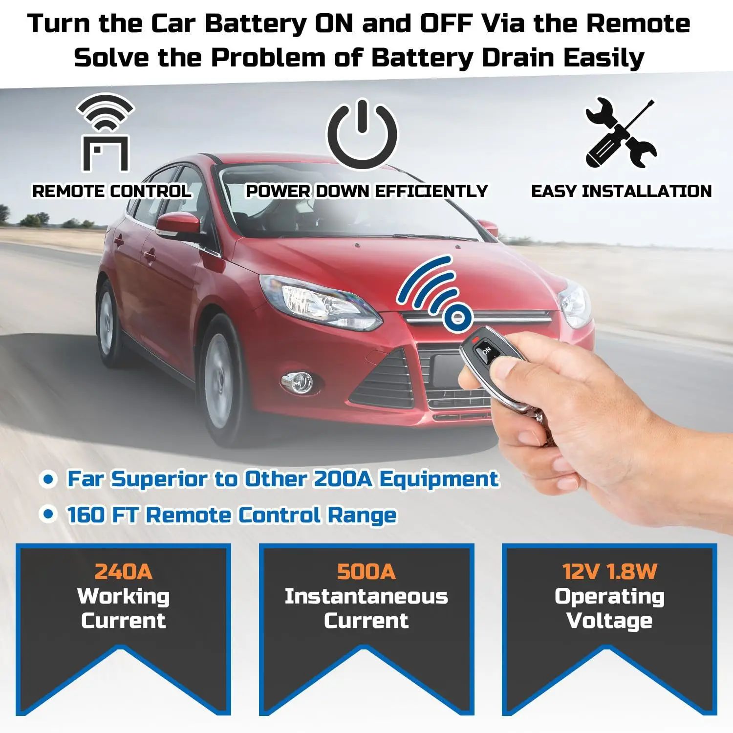 Car Remote Battery Disconnect Switch 12v, 240A, Upgrade Smart Voltage Safety Kill Switch with Led Voltage Display Automatic Power Shut Off, Anti-Theft, Prevent Battery Drain +  2 Remote Controls