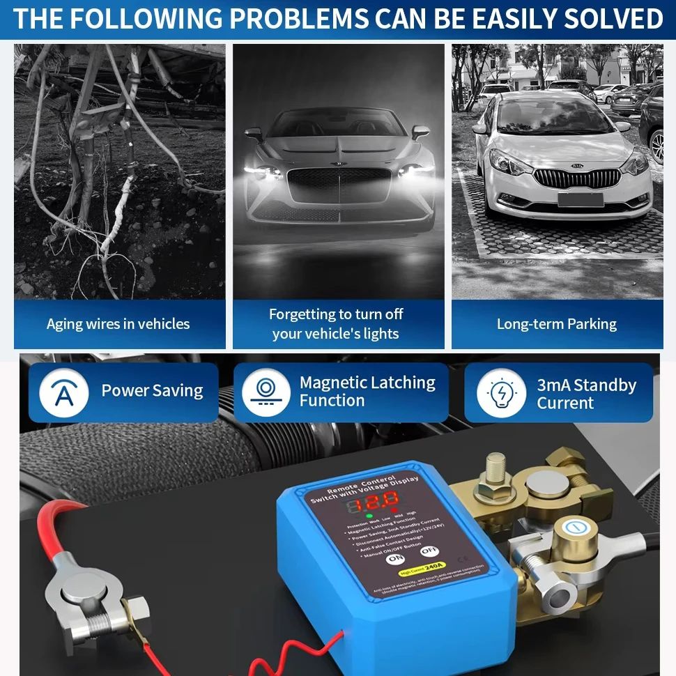 Car Remote Battery Disconnect Switch 12v, 240A, Upgrade Smart Voltage Safety Kill Switch with Led Voltage Display Automatic Power Shut Off, Anti-Theft, Prevent Battery Drain +  2 Remote Controls