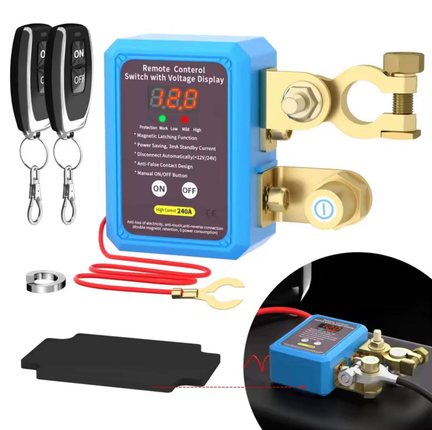 Car Remote Battery Disconnect Switch 12v, 240A, Upgrade Smart Voltage Safety Kill Switch with Led Voltage Display Automatic Power Shut Off, Anti-Theft, Prevent Battery Drain +  2 Remote Controls