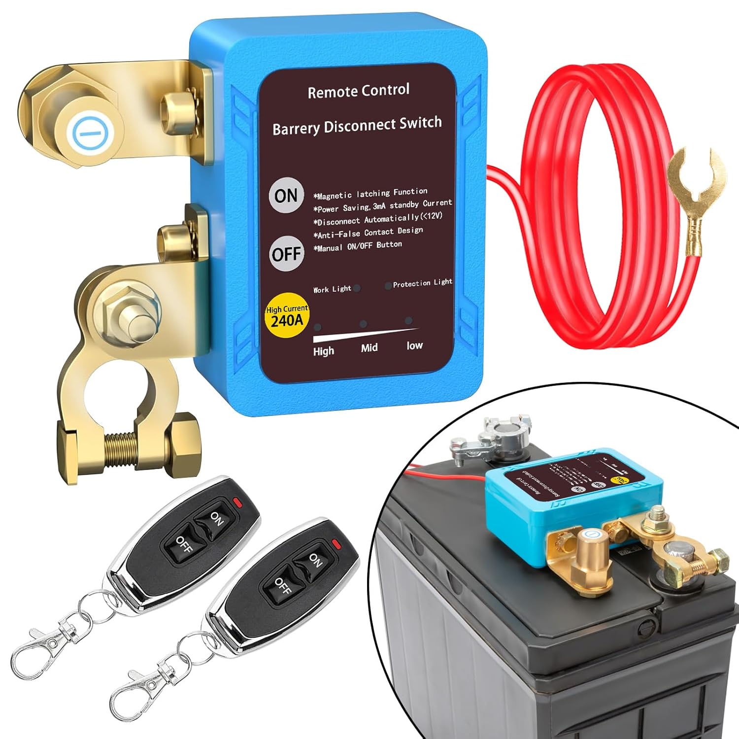 Car Remote Battery Disconnect Switch 12v, 240A, Upgrade Smart Voltage Safety Kill Switch with Led Voltage Display Automatic Power Shut Off, Anti-Theft, Prevent Battery Drain +  2 Remote Controls