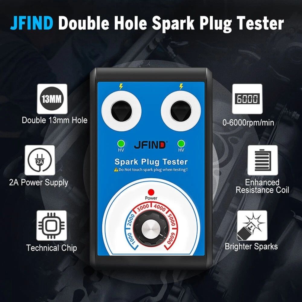 JFIND 12V Car Spark Plug Tester Detector Professional Diagnostic Tool Ignition Analyzer Dual Hole UK 220V to 12V Double Testing Automotive Motorcycle JF109