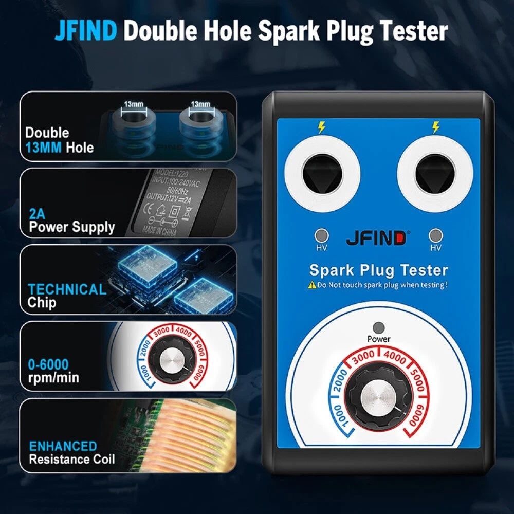 JFIND 12V Car Spark Plug Tester Detector Professional Diagnostic Tool Ignition Analyzer Dual Hole UK 220V to 12V Double Testing Automotive Motorcycle JF109