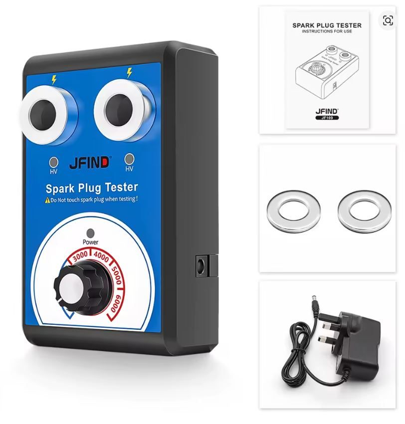 JFIND 12V Car Spark Plug Tester Detector Professional Diagnostic Tool Ignition Analyzer Dual Hole UK 220V to 12V Double Testing Automotive Motorcycle JF109