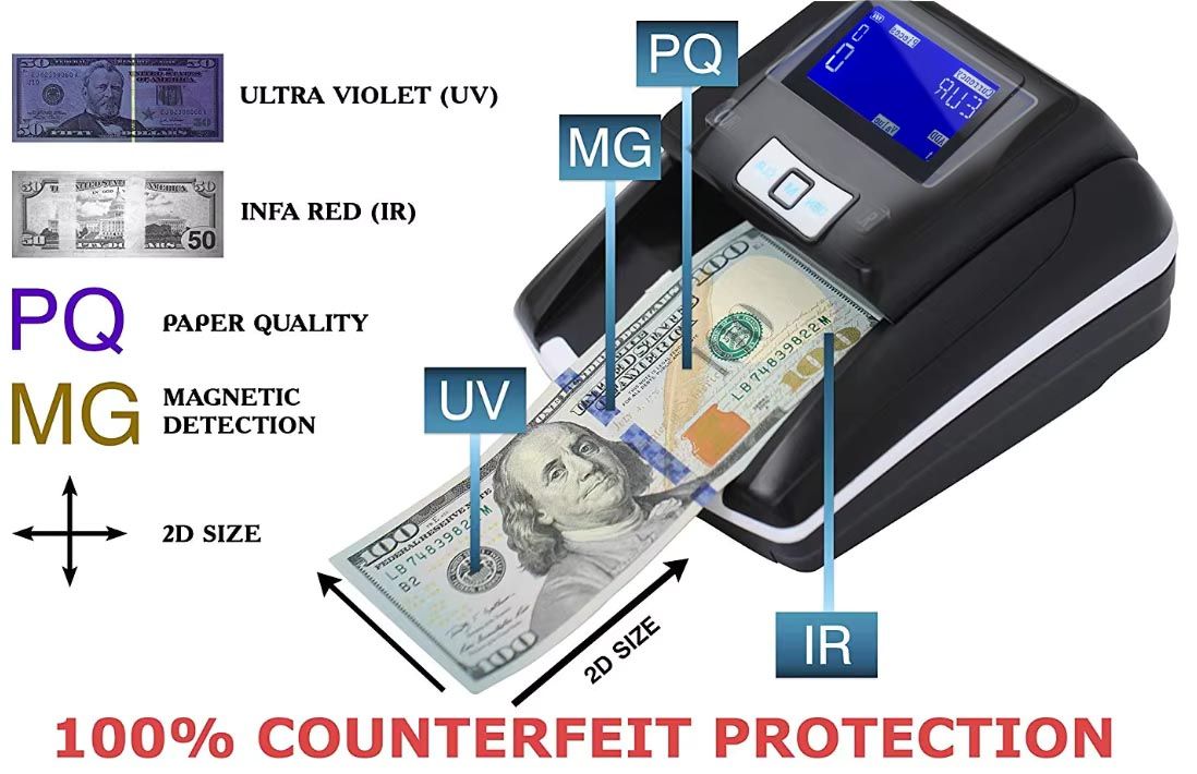 Portable Currency Detector with UV/MG/IR/DD Money Bank Note Tester for US Dollar, Euros & Great Britain Sterling Pound Rechargeable Battery Counterfeit Bill Testing Machine USD, EUR, GBP LCD FT-D300