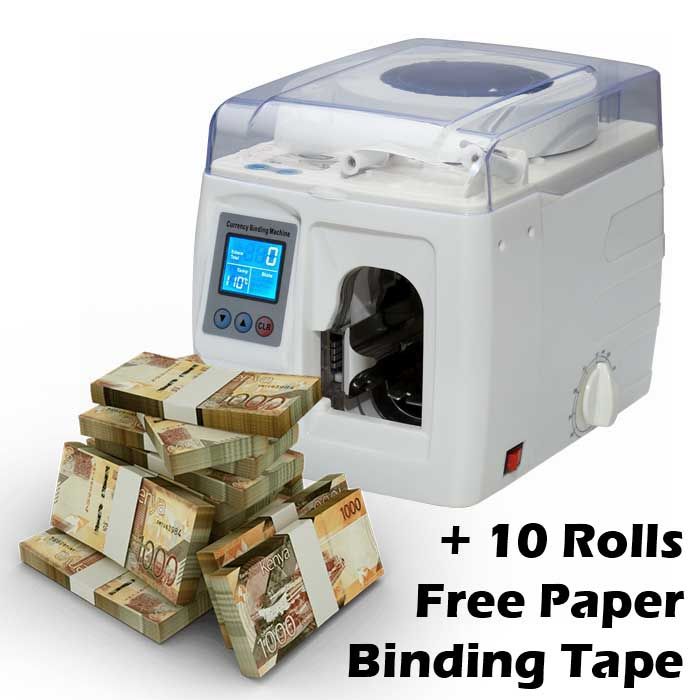 Automatic Money Binding Machine + 10 Rolls Paper Tape - Intelligent Currency Banknotes Bundle Bill Binder with LCD Screen 1.5 s/Once Quick Tie Strapping Home Shop Business Bank