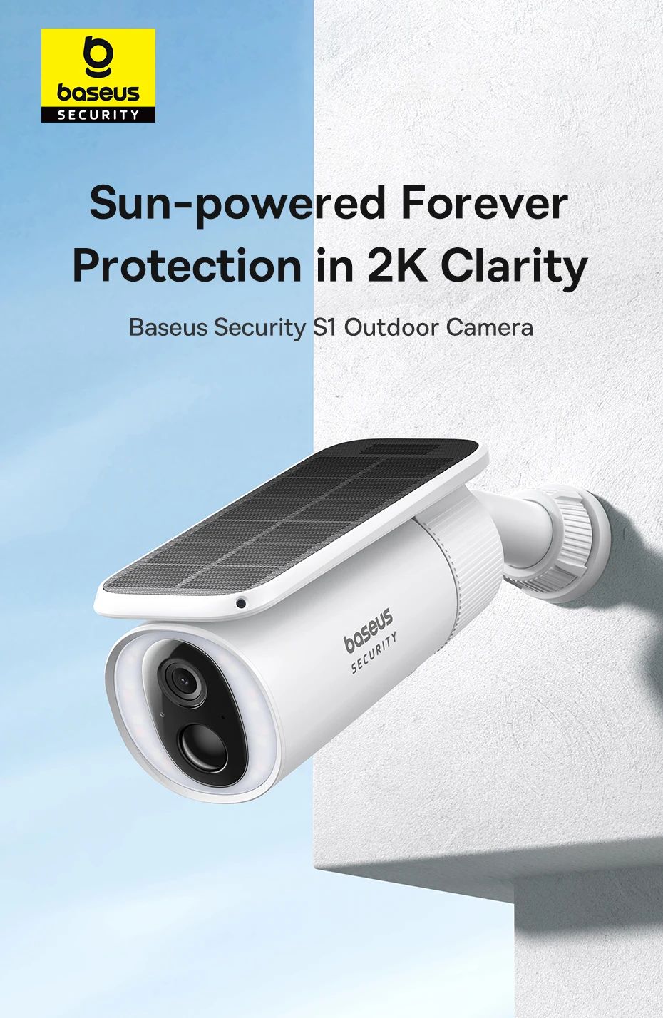 Baseus Solar Security Camera Outdoor, S1 Wireless Solocam, Forever Power with Sunlight-Tracking System, 2K Clarity, 145° Wide View, Built-in 8GB Local Storage and Color Night Vision, No Monthly Fee